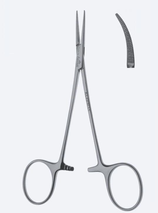 Зажими гемостатичні, "Micro Halsted-Mosquito", делікатні, вигнуті, зубчаті щелепи, з кремальєрою, довжина 125 мм. Бренд - Asanus Medizintechnik Gmb, Німеччина